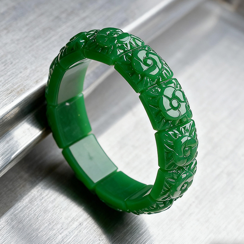 Supply Florist - Echtes Jade-Blumen-Armband, Armreif, Designer-Vintage-Stil, natürlicher Schmuck,
